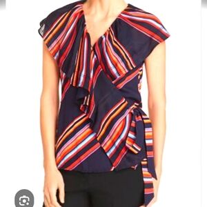 Tory Burch Multicolor Striped Ruffle Blouse Wrap Around Belt.  Sz 10 NWT